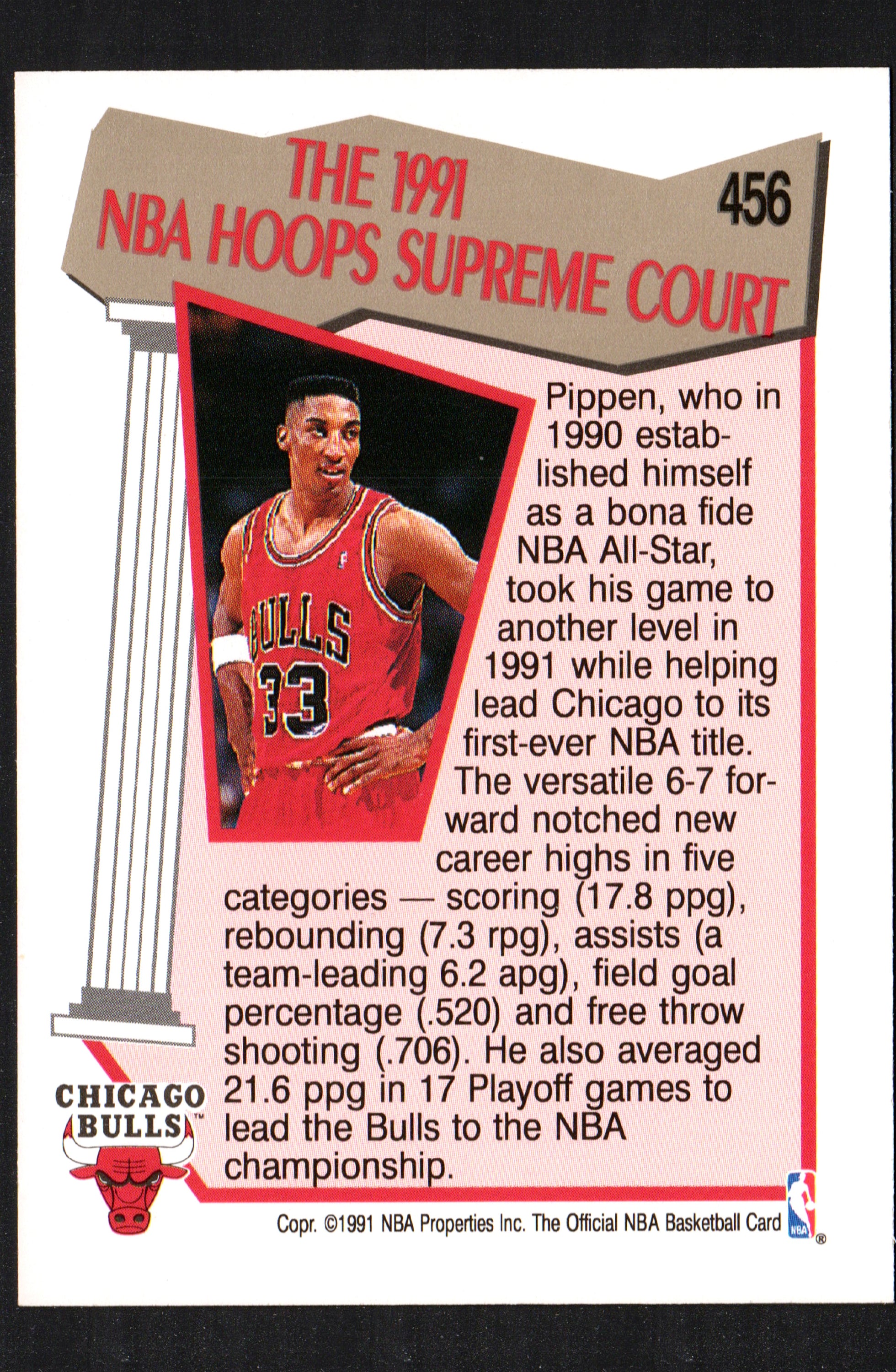 Scottie Pippen Chicago Bulls #456 trading card from 1991-92 NBA Hoops, featuring Pippen in his Bulls uniform.